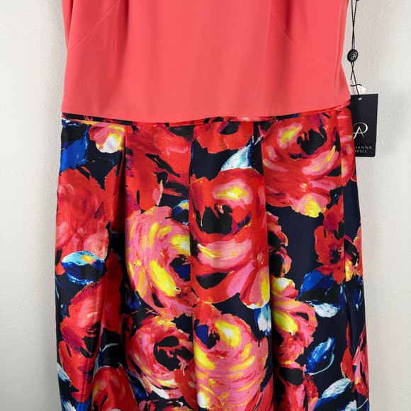Adrianna Papell Womens 14 Coral Floral Print High Neck Mikado Dress Fit & Flare - Picture 12 of 14